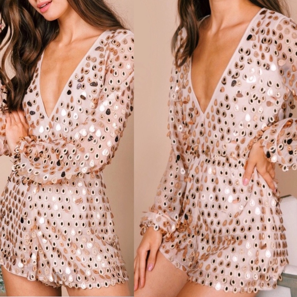 Gold Sequin Jumpsuit with Sleeves - Picture 2 of 10